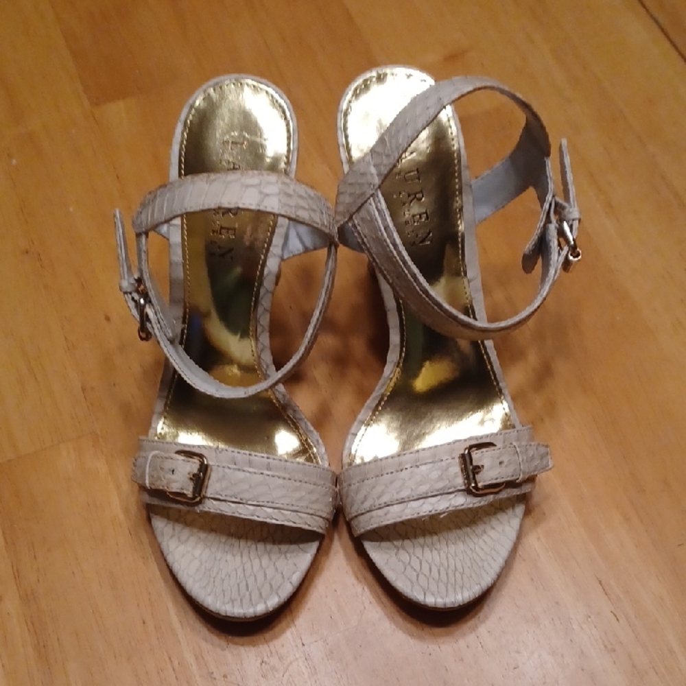 Lauren Ralph Lauren Beige Snake-Embossed Ankle-Strap Heels Size 6B